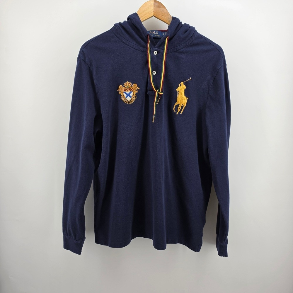 Polo Ralph Lauren Mens Navy Blue Big Pony Crest Hooded Polo Shirt Large L-Sleeve